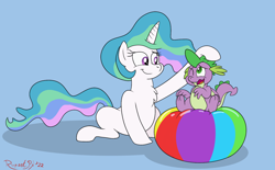 Size: 4006x2482 | Tagged: safe, artist:rupertbluefox, imported from derpibooru, princess celestia, spike, alicorn, dragon, pony, affection, ball, beach ball, blue background, celestia day, cute, cutelestia, ethereal mane, female, head pat, head rub, male, mare, missing accessory, momlestia, one eye closed, open mouth, pat, simple background, sitting, sitting on balls, smiling, spikabetes, spikelove, summer, wavy mouth, winged spike, wings