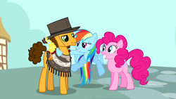 Size: 1280x720 | Tagged: safe, imported from derpibooru, screencap, cheese sandwich, pinkie pie, rainbow dash, pony, pinkie pride