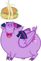 Size: 1095x1616 | Tagged: safe, imported from derpibooru, twilight sparkle, alicorn, pig, burger, cloven hooves, cute, dangling, female, folded wings, food, full body, hay burger, horn, looking up, open mouth, pigified, simple background, solo, species swap, transparent background, twilight porkle, twilight sparkle (alicorn), wings