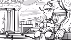 Size: 3840x2161 | Tagged: safe, artist:applephil, imported from derpibooru, applejack, earth pony, pony, ancient greece, clothes, eating, eyes closed, female, grayscale, mare, monochrome, puffy cheeks, sketch, solo focus, toga