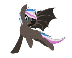 Size: 1800x1440 | Tagged: safe, artist:syntiset, imported from derpibooru, oc, oc only, oc:night star (nightstar), bat pony, pony, bat pony oc, bat wings, ear fluff, ears, eye clipping through hair, fangs, female, flying, full body, looking at each other, looking at someone, looking down, mare, multicolored hair, multicolored mane, multicolored tail, ponybooru collab 2022, raised hoof, raised leg, request, requested art, simple background, smiling, solo, spread wings, tail, teeth, transparent background, two toned hair, two toned mane, two toned tail, wings