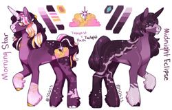 Size: 1280x820 | Tagged: safe, artist:sallyqwest623, imported from derpibooru, oc, oc only, oc:midnight eclipse, oc:morning star, pony, unicorn, coat markings, duo, female, magical lesbian spawn, mare, offspring, parent:tempest shadow, parent:twilight sparkle, parents:tempestlight, reference sheet, siblings, simple background, sisters, socks (coat markings), unshorn fetlocks, white background