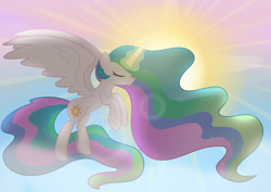 Size: 2970x2100 | Tagged: safe, artist:candy meow, imported from derpibooru, princess celestia, alicorn, pony, female, flying, high res, magic, mare, raising the sun, sky, solo, sun