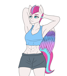 Size: 1500x1700 | Tagged: safe, artist:zachc, imported from derpibooru, zipp storm, anthro, pegasus, abs, arm behind head, armpits, clothes, female, fit, g5, midriff, shorts, simple background, solo, tanktop, white background