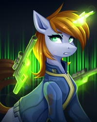 Size: 1728x2160 | Tagged: safe, artist:buvanybu, imported from derpibooru, oc, oc only, oc:littlepip, pony, unicorn, fallout equestria, clothes, female, glowing, glowing horn, gun, handgun, horn, jumpsuit, looking at you, magic, mare, pistol, solo, telekinesis, unicorn oc, vault suit, watermark, weapon