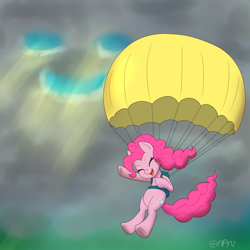 Size: 1000x1000 | Tagged: safe, artist:empyu, imported from derpibooru, pinkie pie, earth pony, pony, cloud, crepuscular rays, eyes closed, open mouth, open smile, parachute, smiley face, smiling, solo