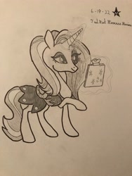 Size: 3024x4032 | Tagged: safe, artist:mlpfantealmintmoonrise, imported from derpibooru, sassy saddles, unicorn, clipboard, clothes, female, g4, mare, pen drawing, pencil drawing, signature, solo, traditional art, unicorn magic