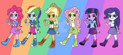 Size: 1024x460 | Tagged: safe, artist:steela-exquisa, imported from derpibooru, applejack, fluttershy, pinkie pie, rainbow dash, rarity, twilight sparkle, human, equestria girls, belt, boots, clothes, cowboy boots, cowboy hat, deviantart watermark, hat, high heel boots, humane five, humane six, jacket, obtrusive watermark, rainbow background, shirt, shoes, skirt, socks, watermark