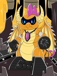 Size: 2700x3600 | Tagged: safe, artist:heart-of-a-dragoness, imported from derpibooru, smolder, dragon, robot, commission, conveyor belt, drill, foundry, gem, lava, roboticization, spikes, treads, wings