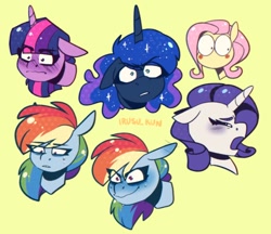 Size: 1024x886 | Tagged: safe, artist:lrusu, imported from derpibooru, fluttershy, princess luna, rainbow dash, rarity, twilight sparkle, alicorn, pegasus, pony, unicorn, expressions, floppy ears, simple background, yellow background