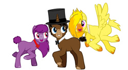 Size: 826x456 | Tagged: safe, artist:kaytlinthefox, imported from derpibooru, earth pony, pegasus, pony, unicorn, pony creator, bib, bonnie (fnaf), bowtie, chica, crossover, female, five nights at freddy's, flying, freddy fazbear, hair over one eye, hat, male, mare, ponified, raised hoof, simple background, smiling, spread wings, stallion, top hat, white background, wings