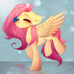 Size: 1643x1635 | Tagged: safe, artist:shavurrr, imported from derpibooru, fluttershy, butterfly, pegasus, pony, blushing, butterfly on nose, cute, eyes closed, floppy ears, insect on nose, shyabetes, smiling, solo, spread wings, wings