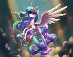 Size: 6379x5010 | Tagged: safe, artist:dawnfire, artist:nadnerbd, imported from derpibooru, princess celestia, alicorn, pony, absurd resolution, beautiful, cloud, collaboration, crepuscular rays, crown, cute, cutelestia, featured image, female, flying, jewelry, looking up, majestic, mare, praise the sun, raised hoof, regalia, sky, slim, solo, spread wings, sunlight, wings