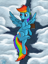 Size: 3000x4000 | Tagged: safe, artist:a-jaller, imported from derpibooru, rainbow dash, pegasus, pony, cider mug, cloud, cloudy, mug, sky, solo, spread wings, wings