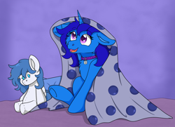 Size: 4040x2928 | Tagged: safe, artist:rokosmith26, imported from derpibooru, oc, oc only, oc:delly, oc:graceful motion, pony, unicorn, blanket, blueberry, cheek fluff, chest fluff, collar, commission, female, floppy ears, food, horn, looking up, mare, pink eyes, plushie, pony plushie, sitting, smiling, solo, unicorn horn, unicorn oc, ych result