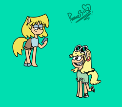 Size: 2041x1785 | Tagged: safe, artist:mysterycorner, imported from derpibooru, earth pony, pony, cellphone, clothes, crossover, dress, ear piercing, earring, eyeshadow, female, glasses, green background, jewelry, leni loud, lori loud, makeup, mare, pants, phone, piercing, ponified, rule 85, shoes, signature, simple background, smartphone, smiling, sunglasses, the loud house