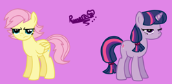 Size: 1612x784 | Tagged: safe, artist:mysterycorner, imported from derpibooru, fluttershy, twilight sparkle, pegasus, pony, unicorn, alternate hairstyle, alternate universe, female, fluttershy is not amused, frown, horn, mare, pink background, signature, simple background, twilight sparkle is not amused, unamused, unicorn twilight, wings