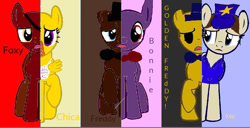 Size: 1024x525 | Tagged: safe, artist:kkrazykkitty, imported from derpibooru, earth pony, pegasus, pony, 1000 hours in ms paint, base used, bib, bonnie (fnaf), bowtie, chica, crossover, deviantart muro, eyepatch, female, five nights at freddy's, foxy, freddy fazbear, golden freddy, hat, male, mare, ponified, raised hoof, sad, security guard, stallion, stars, top hat, unamused, what my cutie mark is telling me, wings