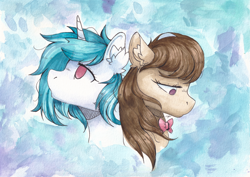 Size: 7015x4960 | Tagged: safe, artist:lightisanasshole, imported from derpibooru, dj pon-3, octavia melody, vinyl scratch, earth pony, pony, unicorn, abstract background, bust, cheek fluff, ear fluff, looking down, looking up, messy mane, reference, sad, traditional art, watercolor painting