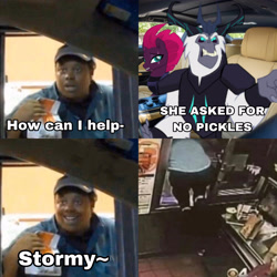 Size: 3464x3464 | Tagged: safe, imported from derpibooru, storm king, tempest shadow, human, yeti, my little pony: the movie, asked for no pickles, car, car interior, drive-through, high res, irl, irl human, mcdonald's, meme, photo, window