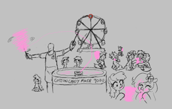 Size: 774x488 | Tagged: safe, artist:kabayo, artist:parfait, imported from derpibooru, oc, oc:anon, oc:kayla, earth pony, human, pony, unicorn, aggie.io, carnival, cotton candy, eating, eyes closed, female, ferris wheel, filly, foal, food, gray background, happy, human male, human oc, male, monochrome, open mouth, ponerpics import, simple background, sitting, smiling