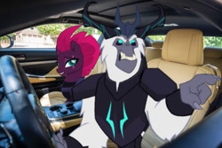 Size: 828x554 | Tagged: safe, artist:andoanimalia, artist:jhayarr23, edit, imported from derpibooru, storm king, tempest shadow, unicorn, yeti, my little pony: the movie, angry, armor, car, car interior, irl, photo, seat