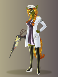 Size: 2644x3500 | Tagged: safe, artist:coffeez, imported from derpibooru, oc, oc:olive greene, anthro, earth pony, plantigrade anthro, boots, clothes, gun, high heel boots, high heels, lab coat, latex, latex boots, latex dress, shoes, solo, weapon, wedge heel