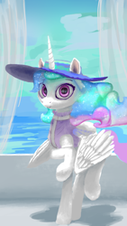 Size: 1080x1920 | Tagged: artist needed, source needed, safe, imported from derpibooru, princess celestia, alicorn, female, hat, looking at you, mare, ocean, smiling, solo, sun hat, water