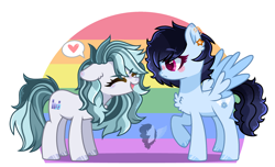 Size: 2190x1330 | Tagged: safe, artist:skyfallfrost, imported from derpibooru, oc, oc only, oc:ivory crescendo, oc:skyfall frost, earth pony, pegasus, pony, female, mare, rainbow background, simple background, transparent background