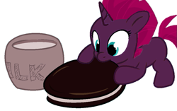 Size: 919x577 | Tagged: safe, artist:decokenite, artist:pstar-base, imported from derpibooru, fizzlepop berrytwist, tempest shadow, pony, unicorn, chibi, chomp, cookie, cute, female, filly, filly tempest shadow, foal, food, milk, nom, oreo, simple background, smiling, solo, tempestbetes, white background, younger