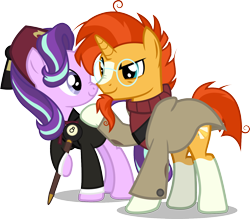 Size: 1508x1323 | Tagged: safe, artist:steampunksalutation, imported from derpibooru, starlight glimmer, sunburst, pony, unicorn, beard, clothes, cosplay, costume, crossover, duo, facial hair, female, fez, glasses, goatee, gravity falls, hat, male, mare, shipping, simple background, stallion, stanford pines, stanley pines, starburst, straight, suit, sweater, transparent background