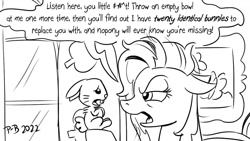 Size: 1200x675 | Tagged: safe, artist:pony-berserker, imported from derpibooru, angel bunny, fluttershy, pegasus, pony, rabbit, putting your hoof down, 2022, animal, bed hair, female, floppy ears, fluttershy is not amused, implied death, male, mare, out of character, peeved, picture, pony-berserker's twitter sketches, pony-berserker's twitter sketches (2022), sketch, threat, threatening, tired, unamused, window