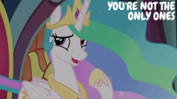 Size: 1280x720 | Tagged: safe, edit, edited screencap, editor:quoterific, imported from derpibooru, screencap, princess celestia, alicorn, pony, a royal problem, season 7, crown, female, jewelry, mare, open mouth, open smile, regalia, smiling, solo, text