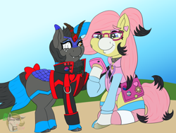 Size: 1600x1200 | Tagged: safe, artist:gray star, derpibooru exclusive, imported from derpibooru, oc, oc only, oc:heccin pepperino, oc:sunny side(gray star), earth pony, kirin, pony, bisexual pride flag, choker, clothes, female, happy, kirin oc, pride, pride flag, trans female, transgender, transgender oc, transgender pride flag