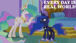Size: 1280x720 | Tagged: safe, edit, edited screencap, editor:quoterific, imported from derpibooru, screencap, princess celestia, princess luna, alicorn, pony, between dark and dawn, season 9, spoiler:s09, crown, duo, female, hoof shoes, jewelry, mare, open mouth, regalia, smiling, text