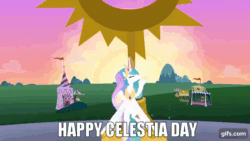 Size: 640x360 | Tagged: safe, edit, edited screencap, editor:quoterific, imported from derpibooru, screencap, princess celestia, alicorn, pony, season 1, the cutie mark chronicles, animated, celestia day, crown, eyes closed, female, flying, gif, gifs.com, impact font, jewelry, mare, nose in the air, regalia, solo, spread wings, text, wings