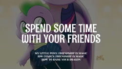 Size: 1280x720 | Tagged: safe, edit, editor:quoterific, idw, imported from derpibooru, spike, twilight sparkle, dragon, pony, unicorn, baby, baby dragon, baby spike, female, how to raise your dragon, male, mare, offscreen character, smiling, solo focus, text, unicorn twilight, younger