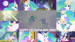 Size: 1280x720 | Tagged: safe, edit, edited screencap, editor:quoterific, imported from derpibooru, screencap, aloe, princess celestia, alicorn, earth pony, pony, a bird in the hoof, a canterlot wedding, between dark and dawn, celestial advice, horse play, keep calm and flutter on, lesson zero, magical mystery cure, make new friends but keep discord, no second prances, princess twilight sparkle (episode), season 1, season 2, season 3, season 4, season 5, season 6, season 7, season 8, season 9, swarm of the century, the return of harmony, spoiler:s08, spoiler:s09, ^^, celestia day, crown, cute, cutelestia, duo, eyes closed, female, flying, jewelry, mare, moon, night, punklestia, regalia, smiling, smirk, spread wings, text, wings