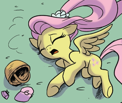 Size: 446x377 | Tagged: safe, idw, imported from derpibooru, fluttershy, pegasus, pony, spoiler:comic, spoiler:g5comic, spoiler:g5comic02, basket, cropped, flashback, g4, g5, lying down, older, older fluttershy, on ground, shadow, solo