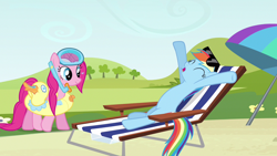 Size: 1280x720 | Tagged: safe, imported from derpibooru, screencap, pinkie pie, rainbow dash, earth pony, pegasus, pony, season 3, too many pinkie pies, ^^, duo, duo female, eyes closed, female, mare, stretching, sunglasses