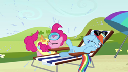 Size: 1280x720 | Tagged: safe, imported from derpibooru, screencap, pinkie pie, rainbow dash, earth pony, pegasus, pony, too many pinkie pies, duo, duo female, eyes closed, female, mare, one eye closed, sunglasses