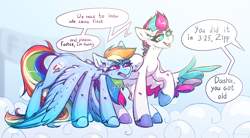 Size: 3912x2154 | Tagged: safe, artist:rico_chan, imported from derpibooru, rainbow dash, zipp storm, pegasus, pony, cloud, dialogue, duo, duo female, ear fluff, engrish, feather fingers, female, g5, high res, mare, offscreen character, on a cloud, panting, pointing, sketch, speech bubble, sweat, wing gesture, wing hands, wings