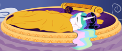 Size: 1169x490 | Tagged: safe, artist:nimaru, artist:taionafan369, imported from derpibooru, princess celestia, oc, oc:nyx, alicorn, pony, fanfic:the chronicles of nyx, series:the chronicles of nyx, alicorn oc, bed, bedroom, blanket, canterlot castle, duo, duo female, fanfic, fanfic art, female, horn, mare, pillow, recolor, sleeping, wings
