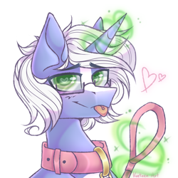 Size: 2900x2900 | Tagged: safe, artist:kreteen art, imported from derpibooru, oc, oc only, oc:passi deeper, pony, unicorn, blushing, bust, coat markings, collar, colored pupils, eyebrows, eyebrows visible through hair, femboy, glasses, glowing, glowing horn, green eyes, heart, heart eyes, horn, levitation, looking at you, magic, magic aura, male, pet play, portrait, simple background, smiling, solo, stallion, telekinesis, tongue out, unicorn oc, watermark, white background, wingding eyes