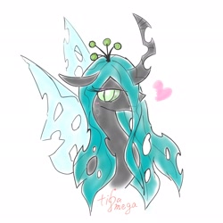 Size: 2048x2048 | Tagged: safe, artist:tiga mega, imported from derpibooru, queen chrysalis, changeling, changeling queen, bust, female, heart, mare, simple background, solo, white background