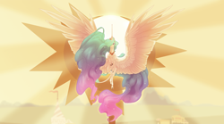 Size: 1500x833 | Tagged: safe, artist:dementra369, imported from derpibooru, princess celestia, alicorn, pony, cloven hooves, flying, large wings, leonine tail, looking at you, raising the sun, solo, spread wings, summer sun celebration, tail, wings