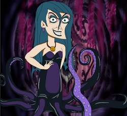 Size: 1832x1667 | Tagged: safe, artist:ocean lover, imported from derpibooru, queen chrysalis, human, cecaelia, disney, disney style, disney villains, ear piercing, earring, elf ears, evil, evil grin, evil lair, eyeshadow, female, grin, hand on chest, human coloration, humanized, jewelry, lair, long hair, looking at you, makeup, necklace, piercing, scary, sharp teeth, shell, smiling, solo, species swap, teeth, tentacles, the little mermaid, ugly, underwater, ursula, water