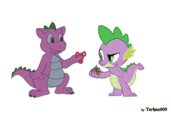 Size: 1440x960 | Tagged: safe, artist:tarkan809, derpibooru exclusive, imported from derpibooru, spike, spike (g1), dragon, duo, fidget spinner, redraw, rubik's cube, show accurate, simple background, transparent background, vector, watermark