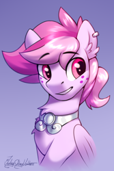 Size: 2000x3000 | Tagged: safe, artist:jedayskayvoker, imported from derpibooru, oc, oc only, oc:higher love, pegasus, pony, bust, chest fluff, colored, colored sketch, commission, cute, ear fluff, ear piercing, freckles, full color, girly, gradient background, icon, jewelry, male, piercing, ponytail, portrait, sketch, solo, stallion