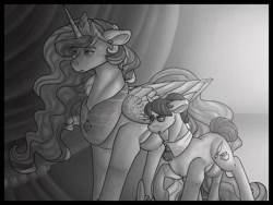 Size: 512x384 | Tagged: safe, artist:binibean, imported from derpibooru, princess celestia, raven, alicorn, unicorn, black and white, canterlot, female, flowing mane, glasses, grayscale, hair bun, jewelry, mare, monochrome, necktie, regalia, secretary